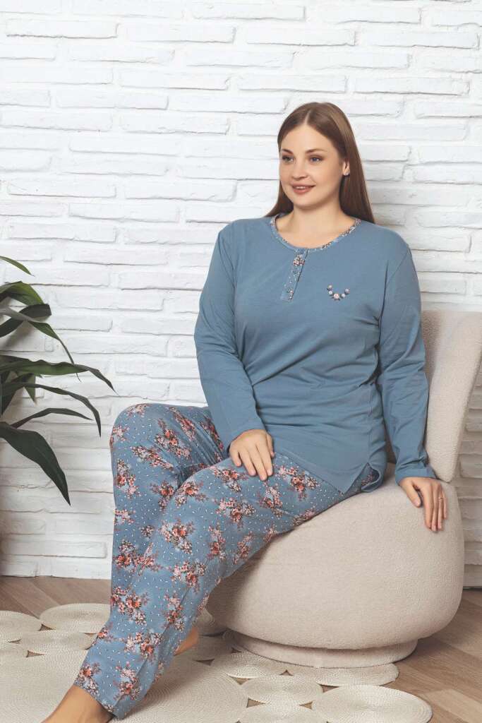 Büyük Beden Kadın Pijama Takımı - İndigo Çiçek Desenli Likralı Pamuk 2892UKBL - 2