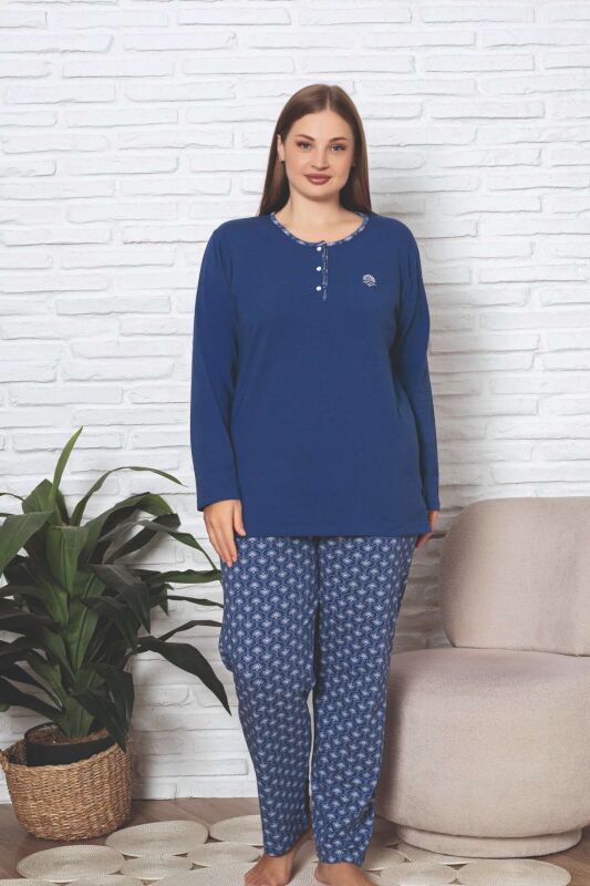 Büyük Beden Kadın Pijama Takımı - İndigo Etnik Desen Uzun Kol Likralı Penye 2890UKBL - 2