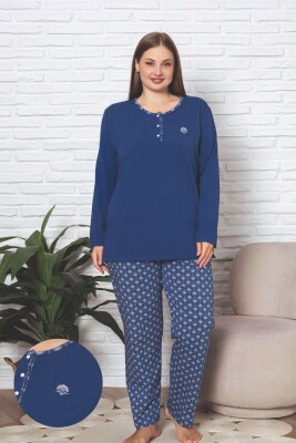 Büyük Beden Kadın Pijama Takımı - İndigo Etnik Desen Uzun Kol Likralı Penye 2890UKBL - Alimer