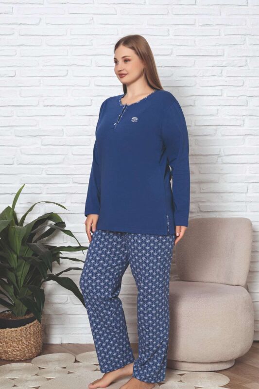 Büyük Beden Kadın Pijama Takımı - İndigo Etnik Desen Uzun Kol Likralı Penye 2890UKBL - 3