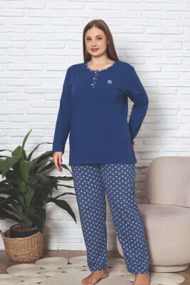 Büyük Beden Kadın Pijama Takımı - İndigo Etnik Desen Uzun Kol Likralı Penye 2890UKBL - 4
