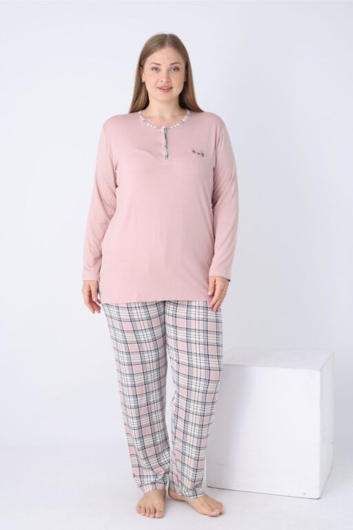 Büyük Beden Kadın Pijama Takımı - Kareli Uzun Kollu Likralı Viskon 2925UYB - Alimer