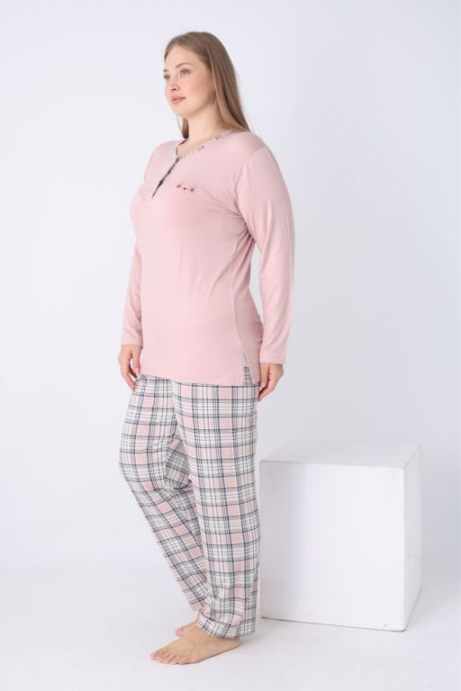 Büyük Beden Kadın Pijama Takımı - Kareli Uzun Kollu Likralı Viskon 2925UYB - Alimer (1)