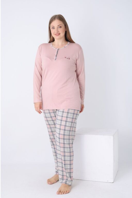 Büyük Beden Kadın Pijama Takımı - Kareli Uzun Kollu Likralı Viskon 2925UYB - 3