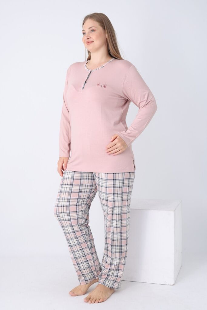 Büyük Beden Kadın Pijama Takımı - Kareli Uzun Kollu Likralı Viskon 2925UYB - 4