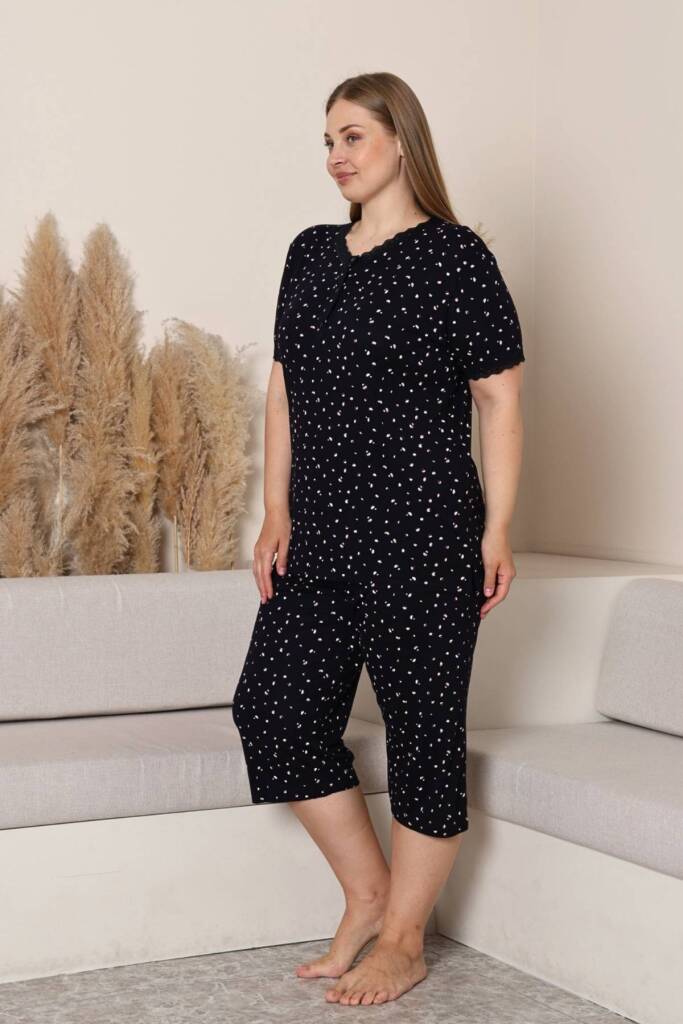 Büyük Beden Kadın Pijama Takımı - Lacivert Çiçek Desenli Likralı Viskon 2915BB - 3
