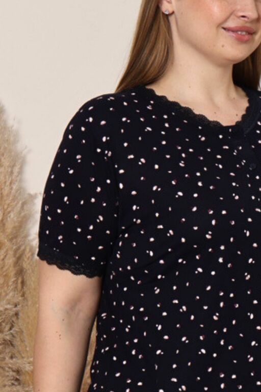 Büyük Beden Kadın Pijama Takımı - Lacivert Çiçek Desenli Likralı Viskon 2915BB - 2