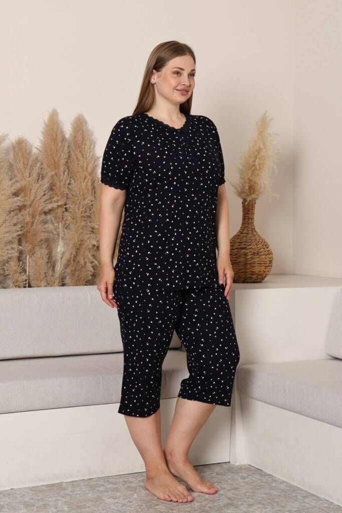 Büyük Beden Kadın Pijama Takımı - Lacivert Çiçek Desenli Likralı Viskon 2915BB - 4