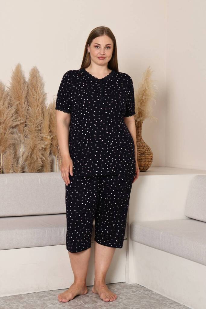 Büyük Beden Kadın Pijama Takımı - Lacivert Çiçek Desenli Likralı Viskon 2915BB - 1