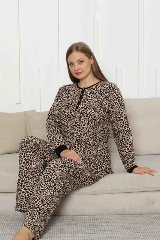 Büyük Beden Kadın Pijama Takımı - Leopar Desenli Uzun Kollu Likralı Pamuk 2880UKB - 3
