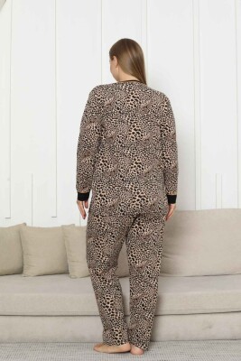 Büyük Beden Kadın Pijama Takımı - Leopar Desenli Uzun Kollu Likralı Pamuk 2880UKB - 5