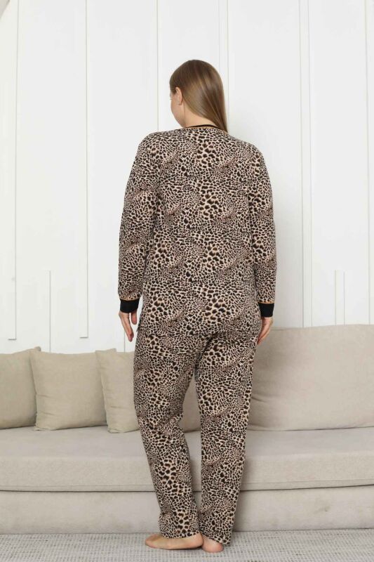 Büyük Beden Kadın Pijama Takımı - Leopar Desenli Uzun Kollu Likralı Pamuk 2880UKB - 5