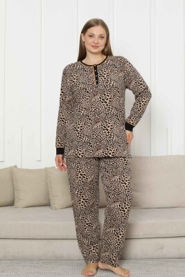 Büyük Beden Kadın Pijama Takımı - Leopar Desenli Uzun Kollu Likralı Pamuk 2880UKB - 1
