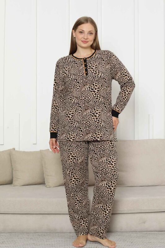 Büyük Beden Kadın Pijama Takımı - Leopar Desenli Uzun Kollu Likralı Pamuk 2880UKB - 1