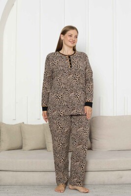 Büyük Beden Kadın Pijama Takımı - Leopar Desenli Uzun Kollu Likralı Pamuk 2880UKB - 4