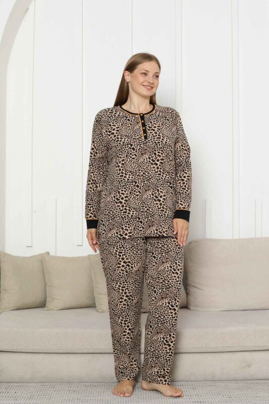 Büyük Beden Kadın Pijama Takımı - Leopar Desenli Uzun Kollu Likralı Pamuk 2880UKB - 4