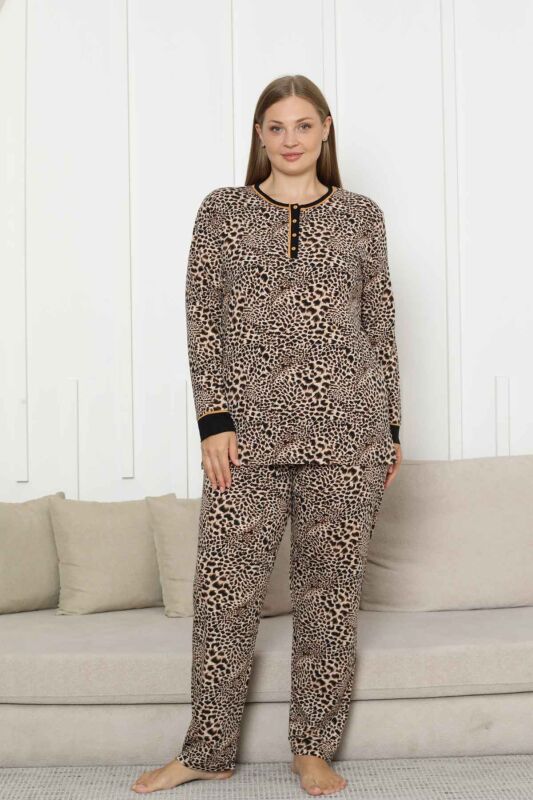 Büyük Beden Kadın Pijama Takımı - Leopar Desenli Uzun Kollu Likralı Pamuk 2880UKB - 2