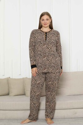 Büyük Beden Kadın Pijama Takımı - Leopar Desenli Uzun Kollu Likralı Pamuk 2880UKB - Alimer (1)