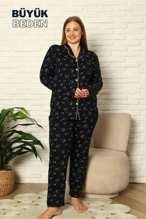 Büyük Beden Kadın Pijama Takımı - Boydan Düğmeli Likralı Viskon Kumaş 2919UYB - Alimer