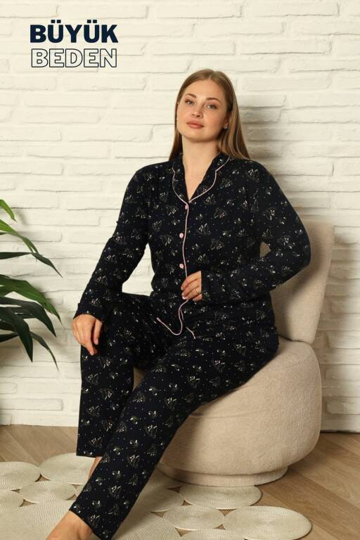 Büyük Beden Kadın Pijama Takımı - Boydan Düğmeli Likralı Viskon Kumaş 2919UYB - Alimer (1)