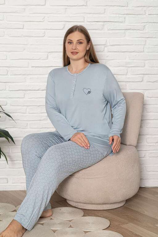 Büyük Beden Kadın Pijama Takımı - Mavi Uzun Kol Likralı Viskon 2924UYB - Alimer (1)