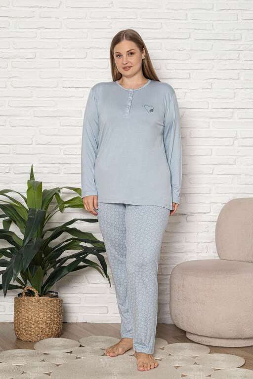 Büyük Beden Kadın Pijama Takımı - Mavi Uzun Kol Likralı Viskon 2924UYB - Alimer