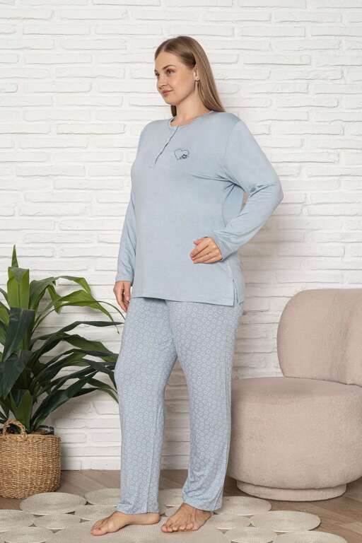 Büyük Beden Kadın Pijama Takımı - Mavi Uzun Kol Likralı Viskon 2924UYB - 3