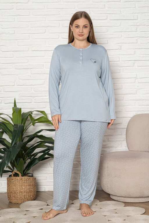 Büyük Beden Kadın Pijama Takımı - Mavi Uzun Kol Likralı Viskon 2924UYB - 4