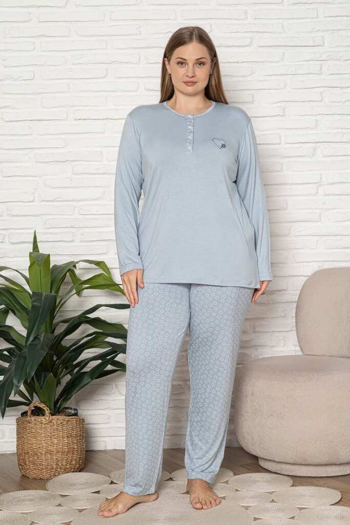 Büyük Beden Kadın Pijama Takımı - Mavi Uzun Kol Likralı Viskon 2924UYB - 4