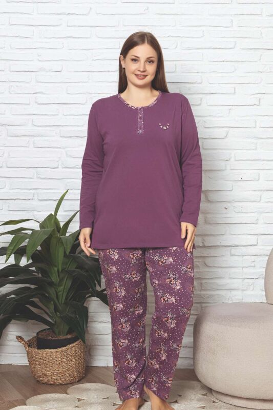 Büyük Beden Kadın Pijama Takımı - Mürdüm Çiçek Desen Uzun Kol Likralı Penye 2892UKBL - 1