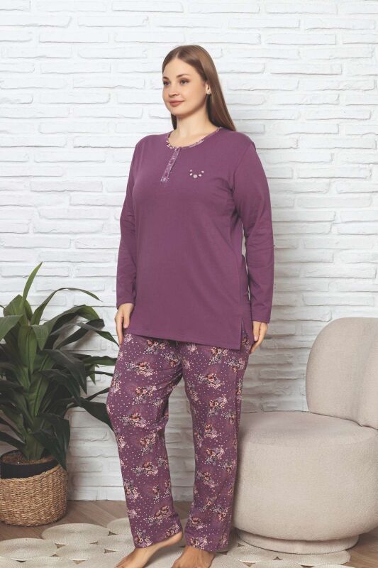 Büyük Beden Kadın Pijama Takımı - Mürdüm Çiçek Desen Uzun Kol Likralı Penye 2892UKBL - 2