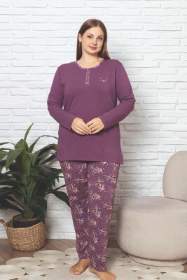 Büyük Beden Kadın Pijama Takımı - Mürdüm Çiçek Desen Uzun Kol Likralı Penye 2892UKBL - 3