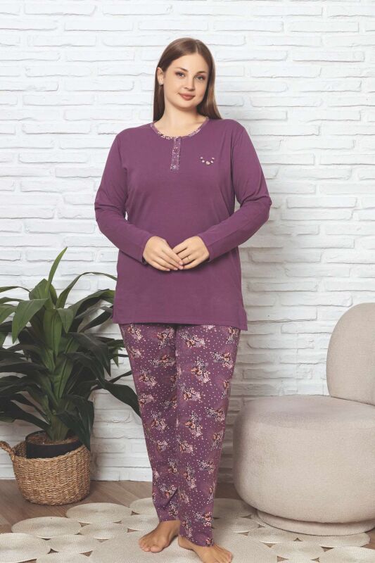 Büyük Beden Kadın Pijama Takımı - Mürdüm Çiçek Desen Uzun Kol Likralı Penye 2892UKBL - 3