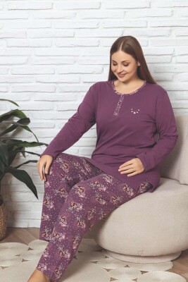 Büyük Beden Kadın Pijama Takımı - Mürdüm Çiçek Desen Uzun Kol Likralı Penye 2892UKBL - 4