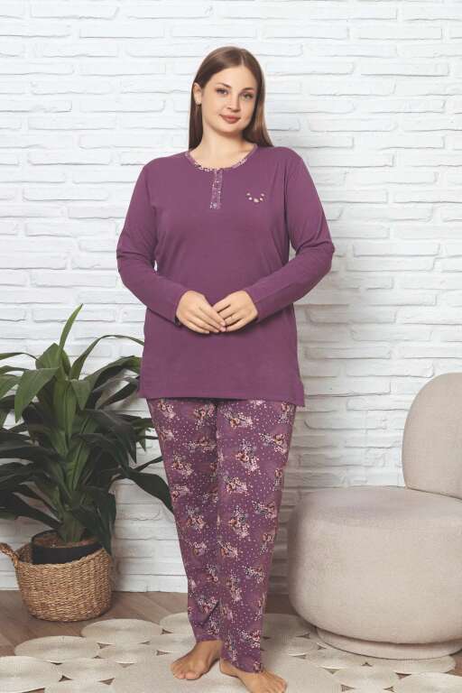Büyük Beden Kadın Pijama Takımı - Mürdüm Çiçek Desenli Likralı Pamuk 2892UKBL - 4