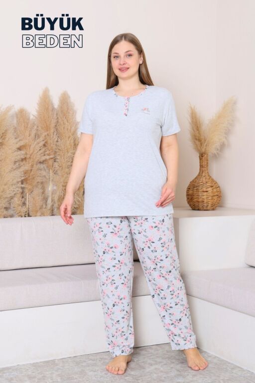 Büyük Beden Kadın Pijama Takımı - Gül Desenli Kısa Kollu Penye 2875KYB - 3