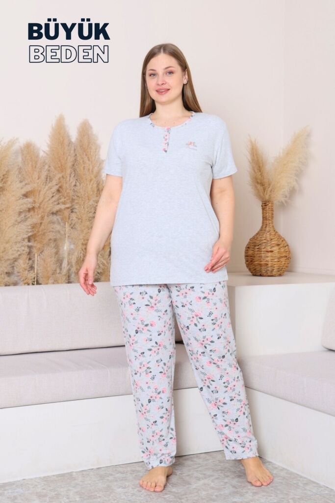 Büyük Beden Kadın Pijama Takımı - Gül Desenli Kısa Kollu Penye 2875KYB - 3