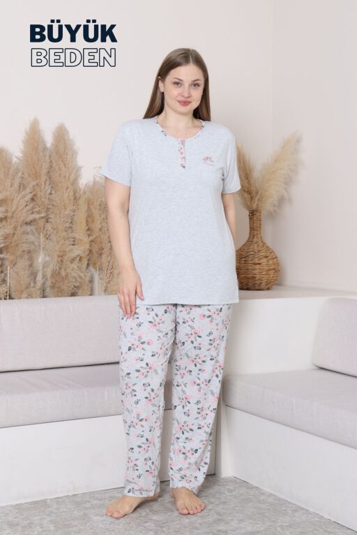 Büyük Beden Kadın Pijama Takımı - Gül Desenli Kısa Kollu Penye 2875KYB - Alimer
