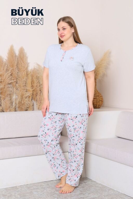 Büyük Beden Kadın Pijama Takımı - Gül Desenli Kısa Kollu Penye 2875KYB - Alimer (1)