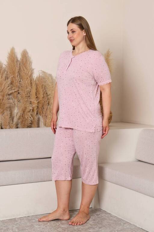 Büyük Beden Kadın Pijama Takımı - Pudra Çiçek Desenli Likralı Viskon 2915BB - 2