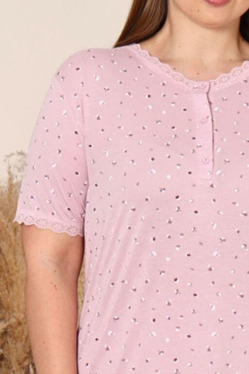 Büyük Beden Kadın Pijama Takımı - Pudra Çiçek Desenli Likralı Viskon 2915BB - 3