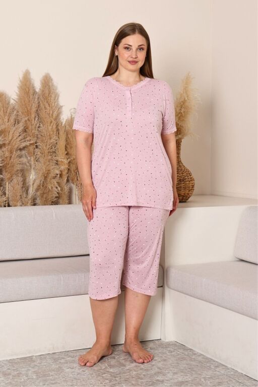 Büyük Beden Kadın Pijama Takımı - Pudra Çiçek Desenli Likralı Viskon 2915BB - 1