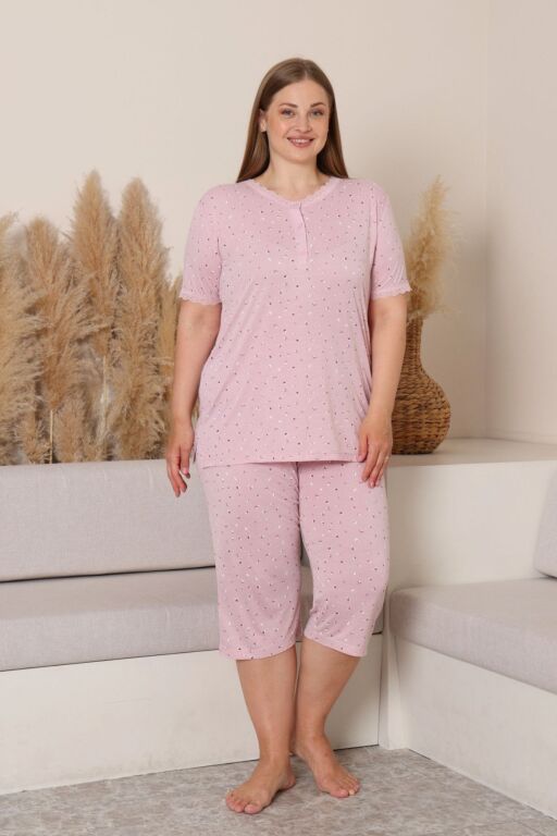 Büyük Beden Kadın Pijama Takımı - Pudra Çiçek Desenli Likralı Viskon 2915BB - 4