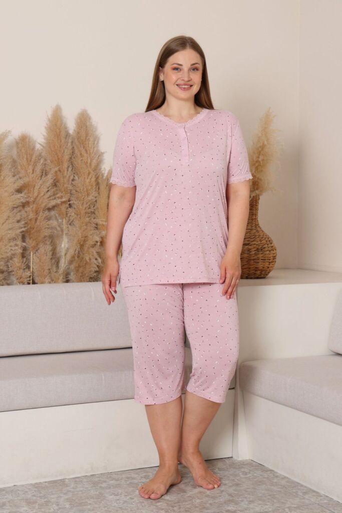 Büyük Beden Kadın Pijama Takımı - Pudra Çiçek Desenli Likralı Viskon 2915BB - 4
