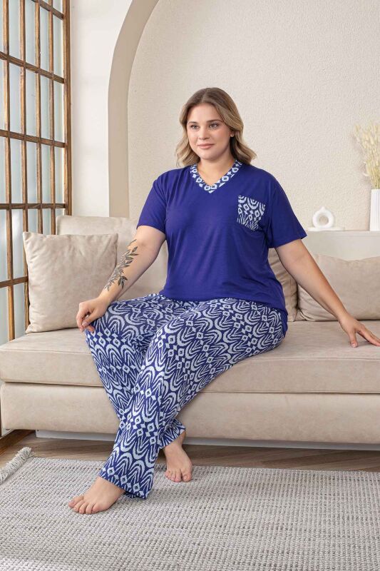 Büyük Beden Kadın Pijama Takımı - Saks Mavi V Yaka Kısa Kollu Likralı Kumaş 2824KYB - 3