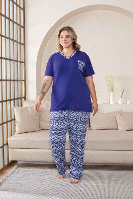 Büyük Beden Kadın Pijama Takımı - Saks Mavi V Yaka Kısa Kollu Likralı Kumaş 2824KYB - 4