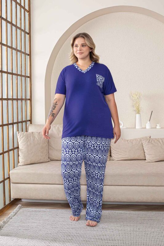 Büyük Beden Kadın Pijama Takımı - Saks Mavi V Yaka Kısa Kollu Likralı Kumaş 2824KYB - 4
