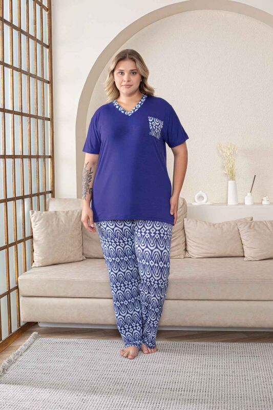 Büyük Beden Kadın Pijama Takımı - Saks Mavi V Yaka Kısa Kollu Likralı Kumaş 2824KYB - 5