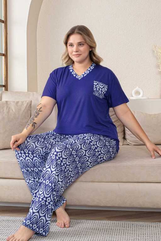 Büyük Beden Kadın Pijama Takımı - Saks Mavi V Yaka Kısa Kollu Likralı Kumaş 2824KYB - Alimer (1)