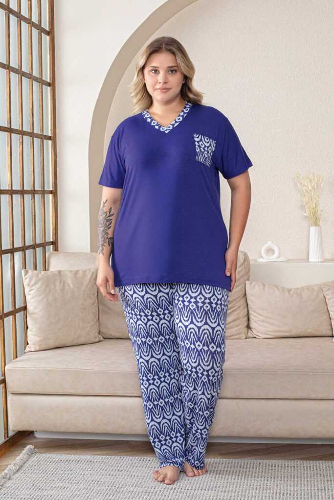 Büyük Beden Kadın Pijama Takımı - Saks Mavi V Yaka Kısa Kollu Likralı Kumaş 2824KYB - 1